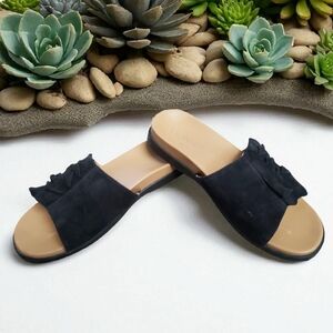 Vionic Slides Black Womens Roni Size 6 Suede Ruffle Shoes Detail Slip-On Sandals
